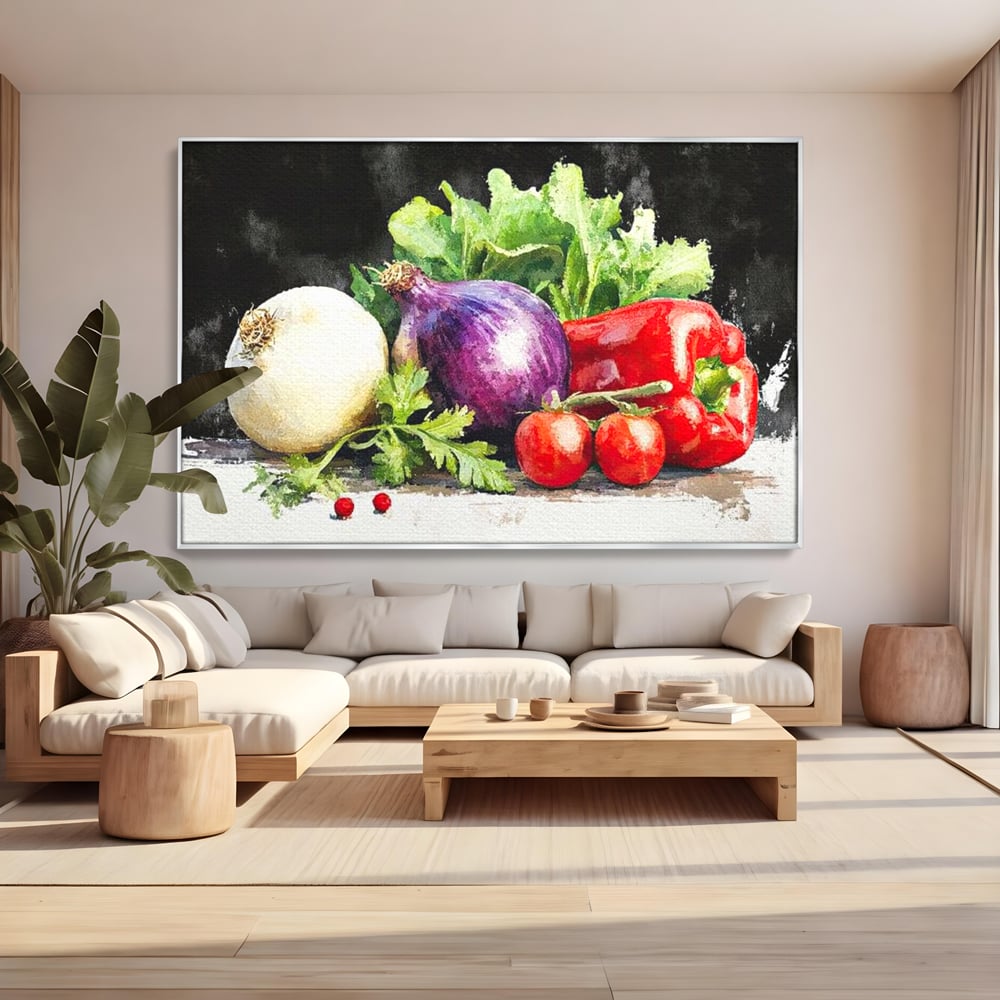 Tablou canvas cu pictura cu legume proaspete si verdeturi, in rama de aluminiu argintiu, pe perete intr-un living